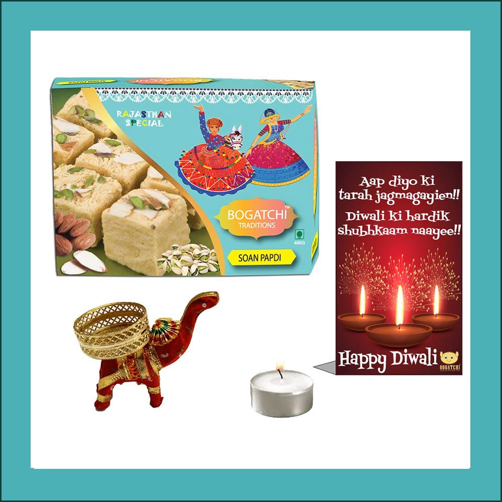 BOGATCHI Diwali Sweets Gift Box and Sweets Hamper, 400g , Free Diwali Greetings Card and Designer Diya