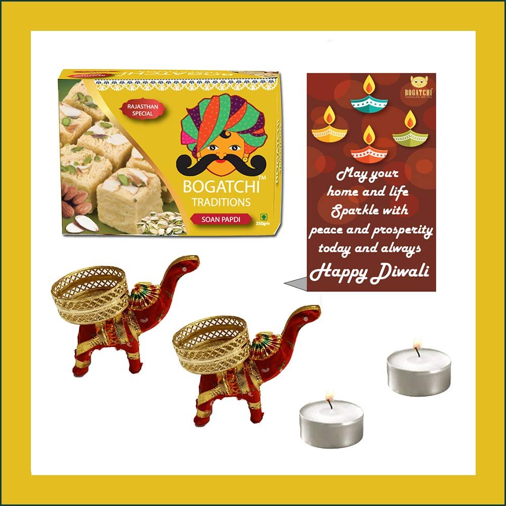 BOGATCHI Diwali Sweets Gift Box and Sweets Hamper, 200g, Free Diwali Greetings Card and 2 Designer Diya