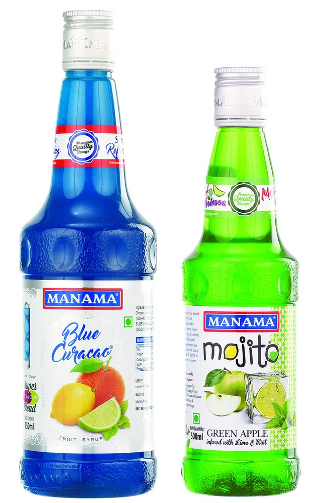 Manama Blue Curacao Fruit Flavoured Syrup 750ML and Green Apple Mojito Fruit Syrup 500ML, Pack of 2