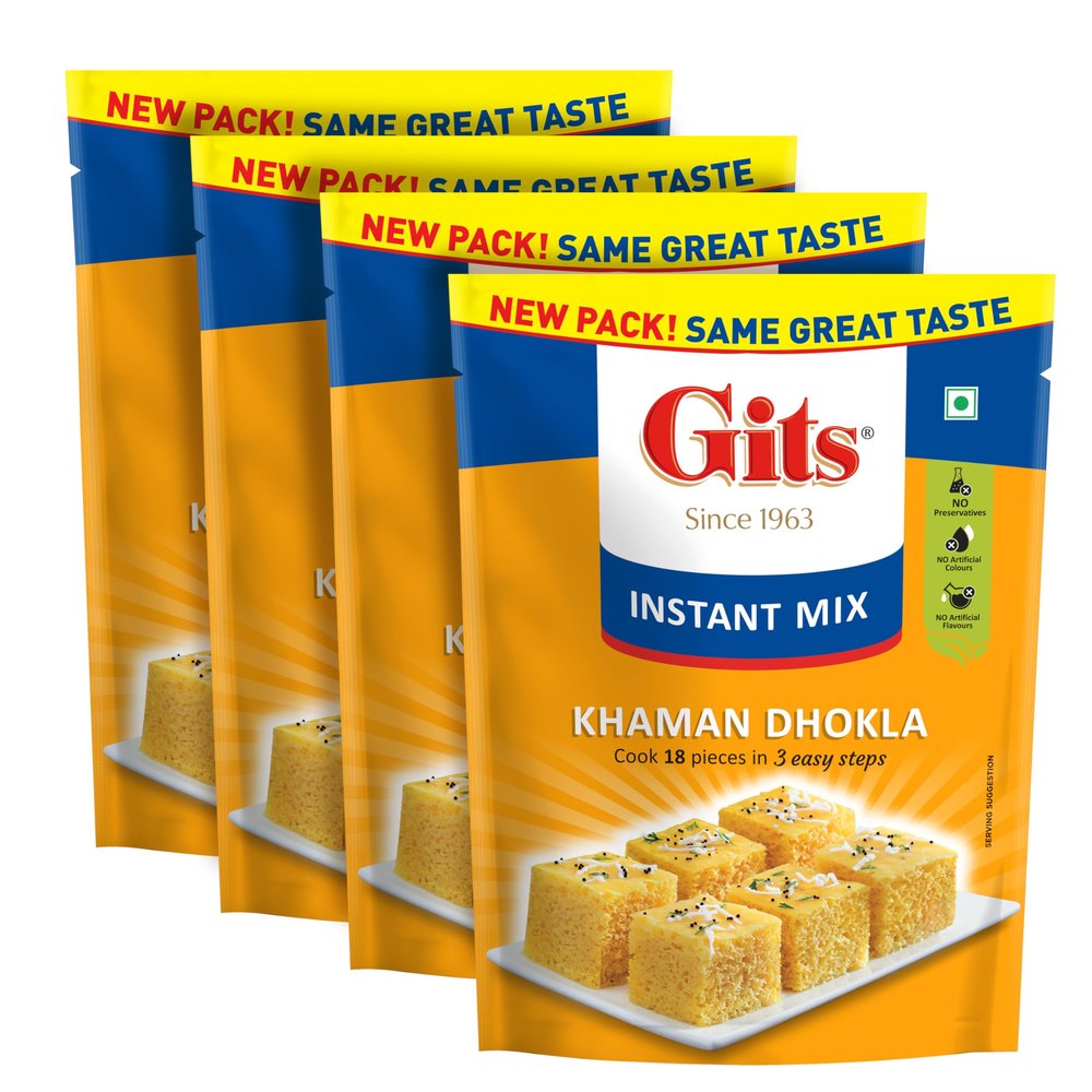 Gits Instant Khaman Dhokla Snack Mix, Pure Veg, Indian Snack Mix, 720g (Pack of 4, 180g Each)