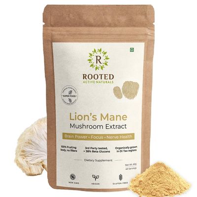 Rooted Actives Lions Mane mushroom Extract (60 g) | Memory, Focus, Brain Powder & Nerve Health, 38% Beta Glucans