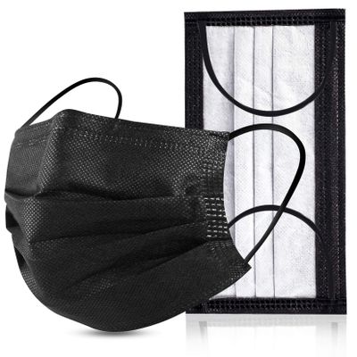 Black Disposable Face Masks 4 Layers Protection 50Pcs, Adult Dust Mask Comfortable Safety Facial Mouth Covers Nose Wire Protective Masks School Office