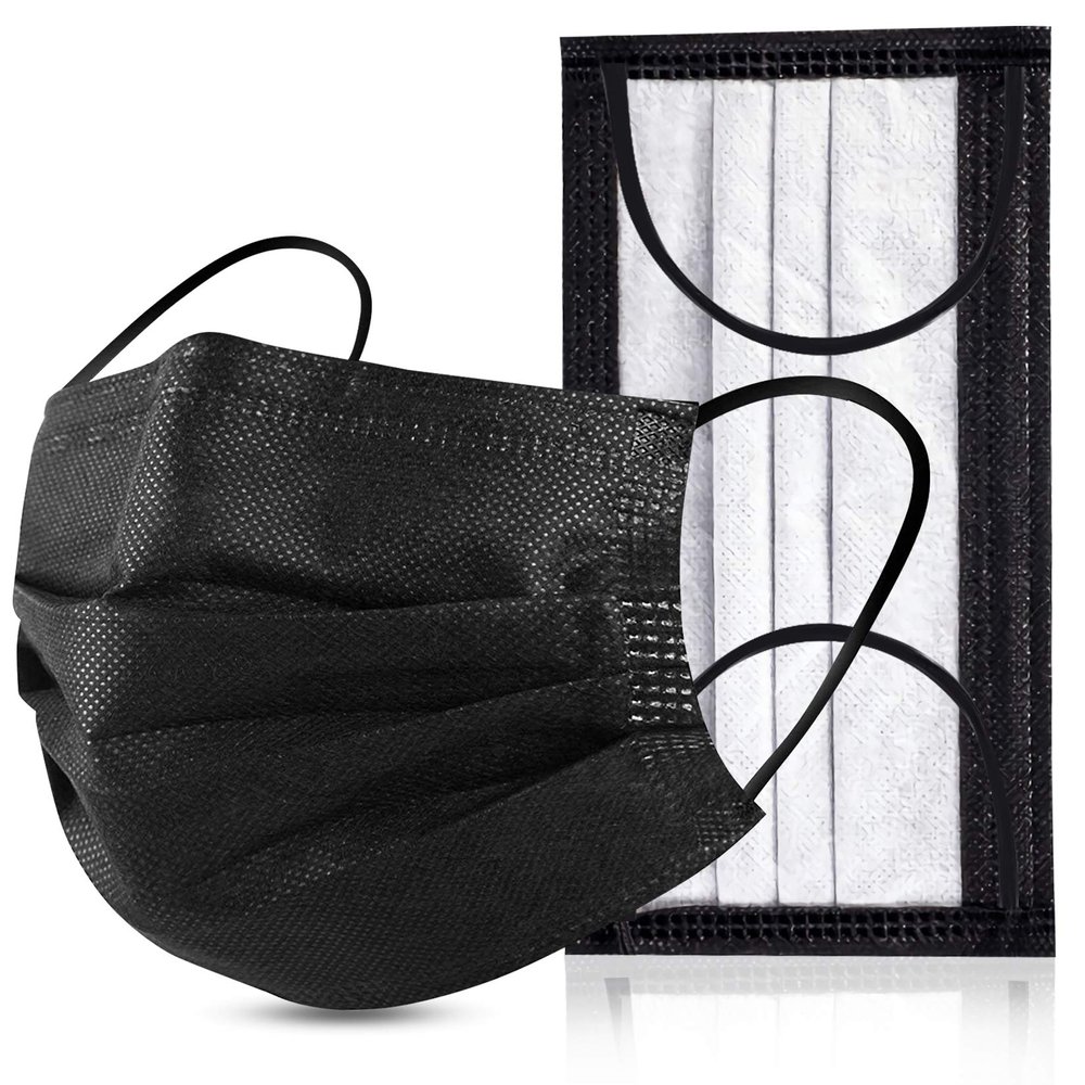 Black Disposable Face Masks 4 Layers Protection 50Pcs, Adult Dust Mask Comfortable Safety Facial Mouth Covers Nose Wire Protective Masks School Office