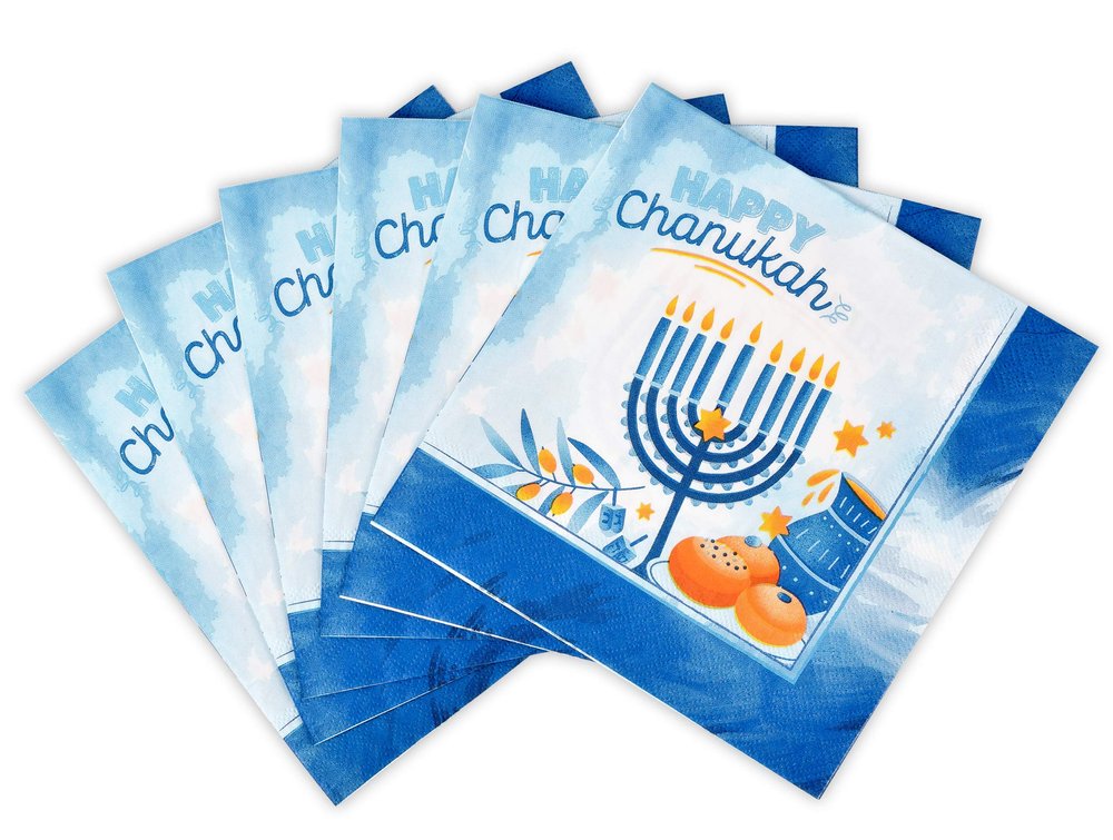 Hanukkah Napkins - 40 Pack - Hanukkah Paper Goods - Blue and White Chanukah Themed Party Supplies