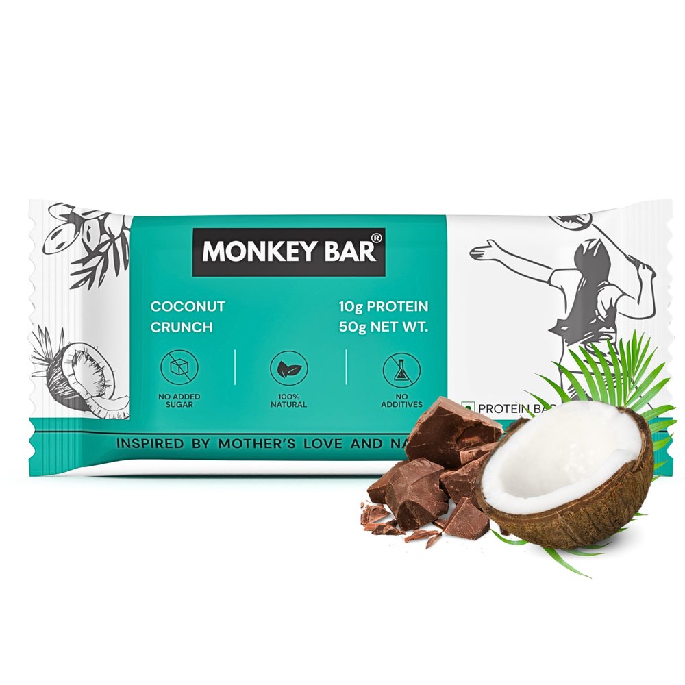 MONKEY BAR - Coconut Crunch Protein Bar - 8 Bars, 50g each, 10g Protein, Just 7 Natural Ingredients, 100% Pure Coco Chocolaty, High Protein Energy Bar, No Added Sugar