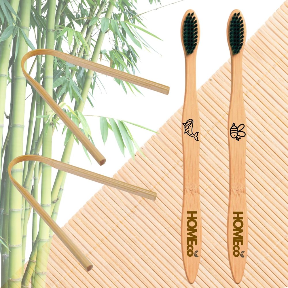 Bamboo Toothbrush Charcoal activated soft bristles | NATURAL (Pack of 2 With 2 organic tongue cleaner)