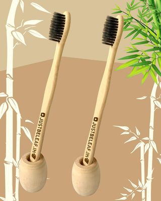 Bamboo Toothbrush Charcoal activated soft bristles | Pack of 4 with 2 Toothbrush Stand