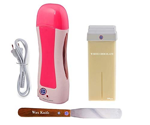 [Ear Lobe & Accessories] Waxing Combo (1 Pc Roll-On Cartridge Wax Heater | 1 Pc Wooden Handle Wax Knife | 1 Pc Roll-On Wax Cartridge, White Chocolate, 100 g)