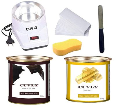CUVLY Waxing Kit Combo (Wax Heater + Chocolate Wax (600 gm) + Gold Wax (600 gm) + Wax Strips (70) + Wax Spatula + Sponge)