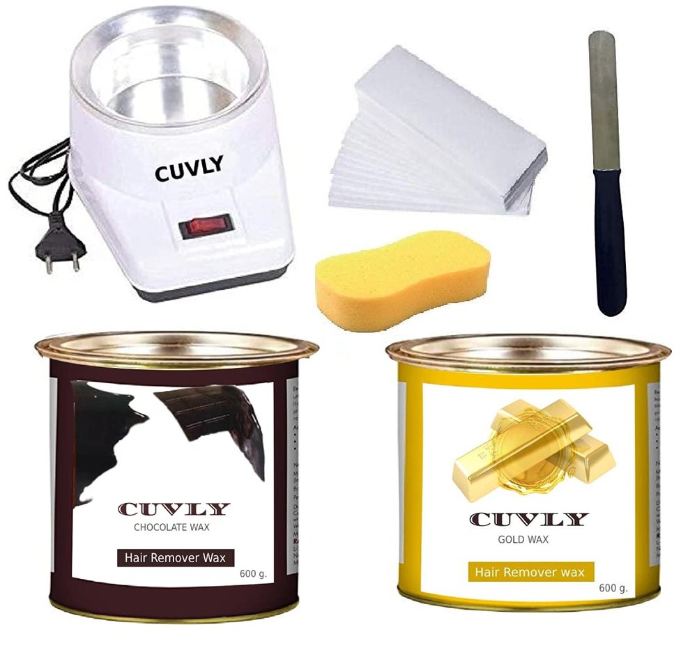 CUVLY Waxing Kit Combo (Wax Heater + Chocolate Wax (600 gm) + Gold Wax (600 gm) + Wax Strips (70) + Wax Spatula + Sponge)