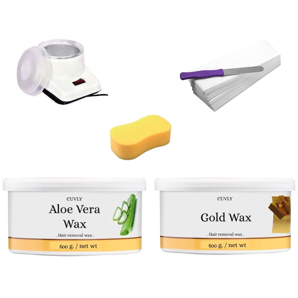 CUVLY Waxing Kit Combo Wax Heater, Aloe Vera Wax - 600 g, Gold Wax - 600 g, Wax Strips 70 pc, Wax Spatula Knife, Cleansing Sponge (Pack of 6)