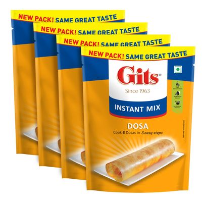 Gits Instant Rice Dosa Breakfast Mix, Makes 8 per Pack, Pure Veg, South Indian Breakfast Mix, 800g (Pack of 4, 200g Each)
