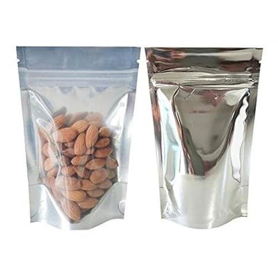 Jai Jinendra Silver Stand up Zipper Pouch with one Side Clear 4 x 6 (1kg)
