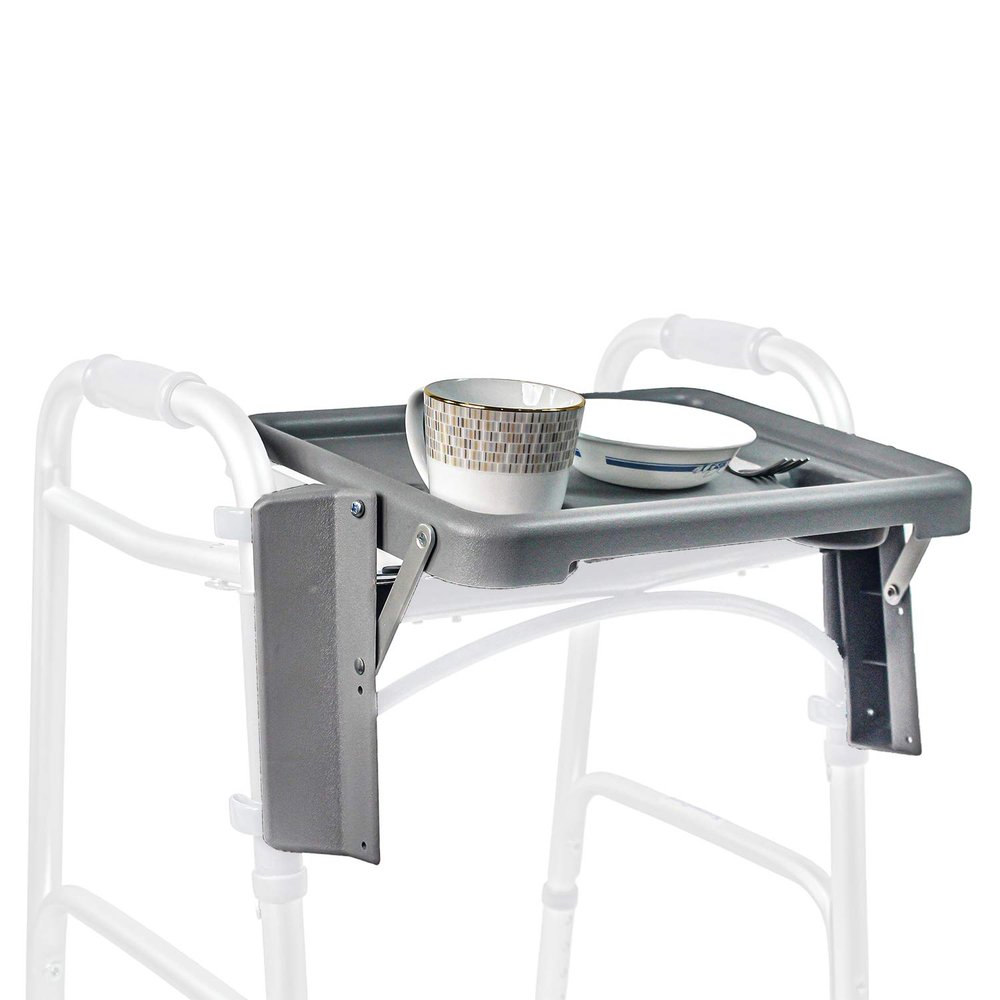 KosmoCare Universal Folding Walker Tray with Two Cup Holders and Tool Free Setup, Grey
