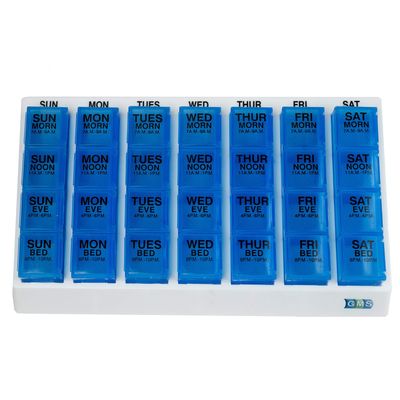 GMS 4 Times Per Day Weekly Slant Tray Pill Organizer - Includes 7 Removable Pill Boxes for Organizing and Reminding Medications While Traveling, Working, and Other Daily Activities (Blue)
