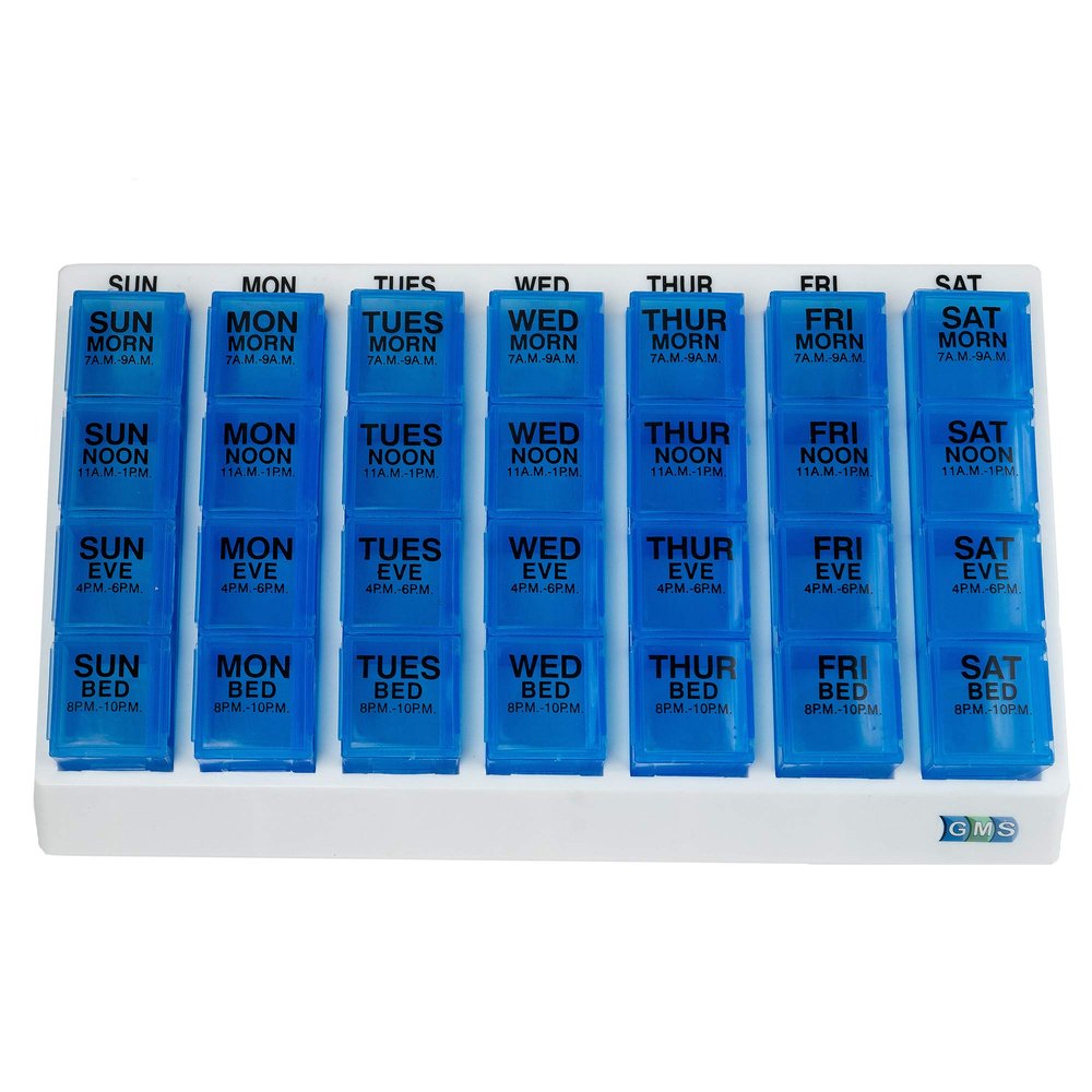 GMS 4 Times Per Day Weekly Slant Tray Pill Organizer - Includes 7 Removable Pill Boxes for Organizing and Reminding Medications While Traveling, Working, and Other Daily Activities (Blue)