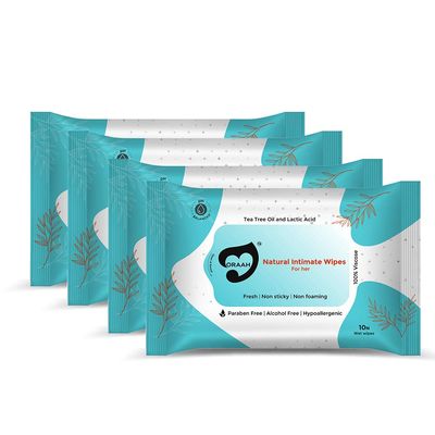 Oraah Natural Intimate Hygiene Wipes for Women, 10 Pack (Set of 4)
