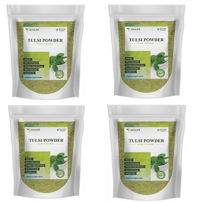 Ayulife - Herbal 100% Natural Tulsi Powder - Powdered Dry Basil Leaves - (Total 340 GM in Packs of 4) (Each Pack 85GM) - 2 Yr Shelf Life