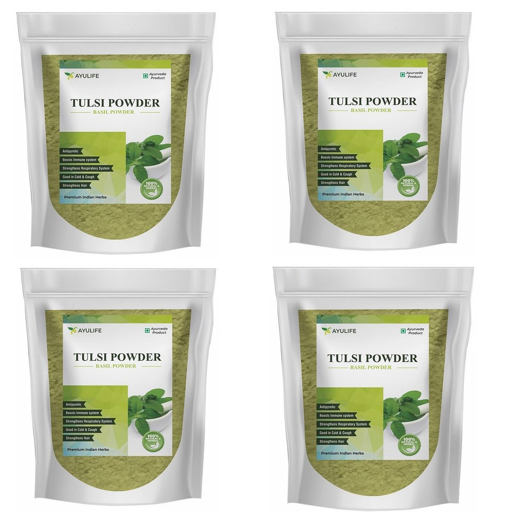 Ayulife - Herbal 100% Natural Tulsi Powder - Powdered Dry Basil Leaves - (Total 340 GM in Packs of 4) (Each Pack 85GM) - 2 Yr Shelf Life