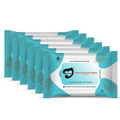 Oraah Natural Intimate Hygiene Wipes for Women, 10 Pack (Set of 6)