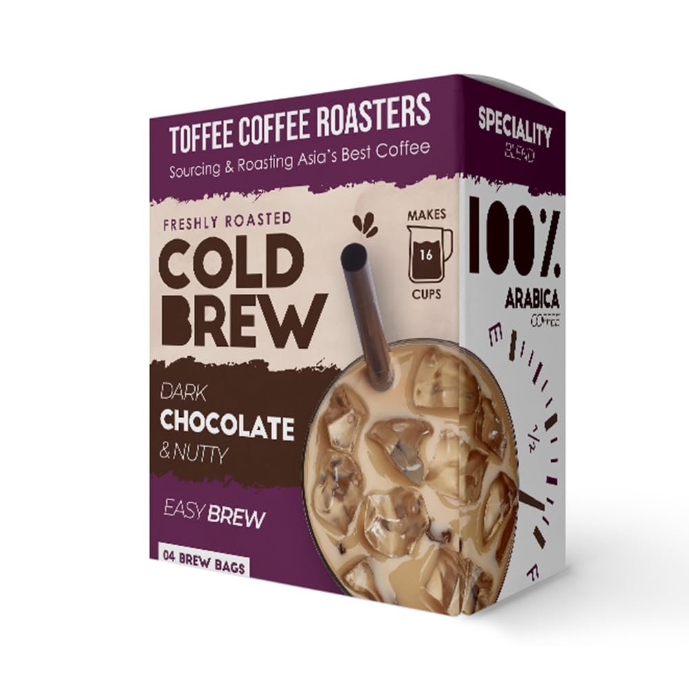 Toffee Coffee Roasters | Bag Dark Chocolate and Nutty Freshly Roasted Cold Brew Grounded Coffee | As Seen On Shark Tank - Easy Brew (60 gm) (Pack of 4)