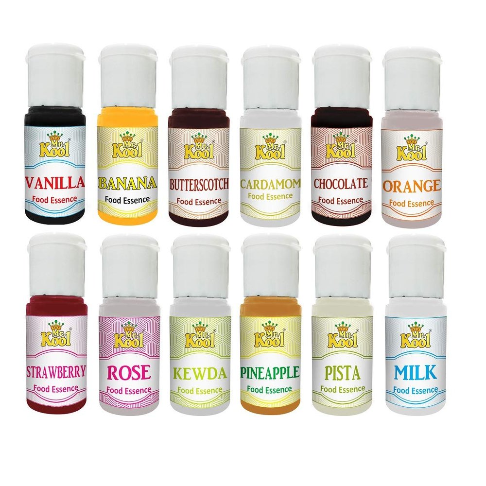 Mr. Kool Food Essence 20 mL X 12 Pack( Vanilla, Strawberry, Butterscotch, Pineapple, Milk, Cardamom, Chocolate, Banana, Kewda, Pista, Orange, Rose)