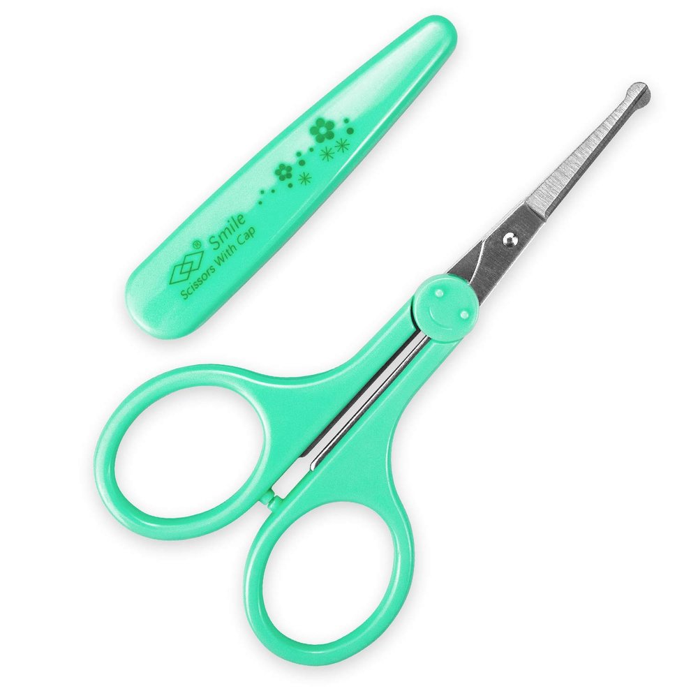Humbee, Stainless Steel Hair Grooming and Trimming Scissors Set, For Facial Hair, Nose Hair, Eyebrow Scissors, Eyelash Scissors, Mustache, and Beard (Safety Edge, Green Long Cap)