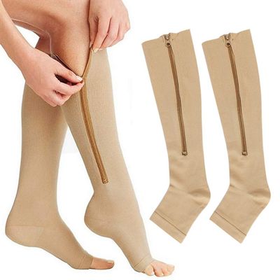 2 Pair Compression Socks Zipper Leg Calf Sleeves Toeless for Running Hiking Climbing Driving Standing Flight Swelling Pain Relieve