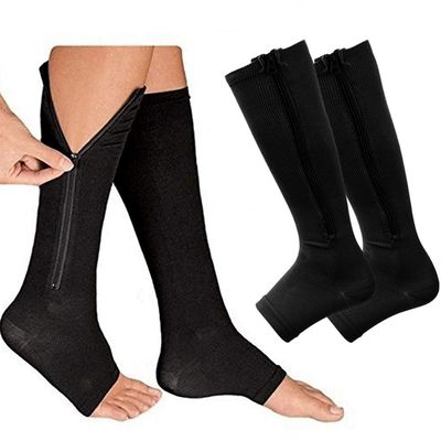 2 Pair Compression Socks Zipper Leg Calf Sleeves Toeless for Running Hiking Climbing Driving Standing Flight Swelling Pain Relieve