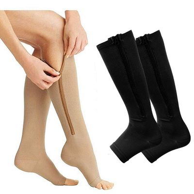 2 Pair Compression Socks Zipper Leg Calf Sleeves Toeless for Running Hiking Climbing Driving Standing Flight Swelling Pain Relieve