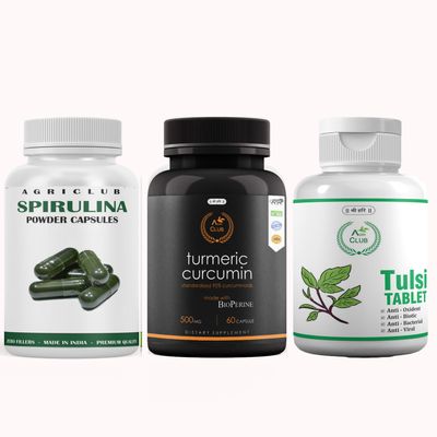 Agri Club Immunity Booster Turmeric Curcumin Capsule, Tulsi Tablets and Spirulina Powder Capsule, Each 60-60 Tablates