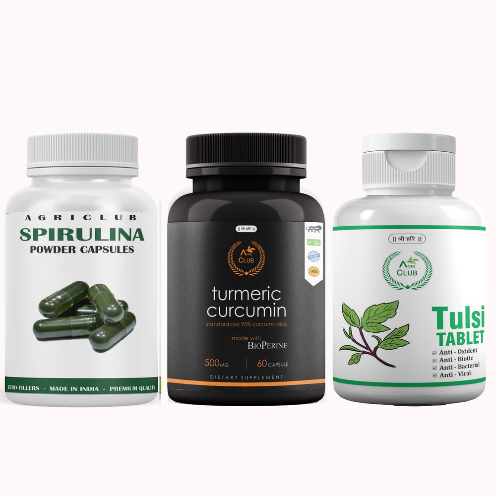 Agri Club Immunity Booster Turmeric Curcumin Capsule, Tulsi Tablets and Spirulina Powder Capsule, Each 60-60 Tablates