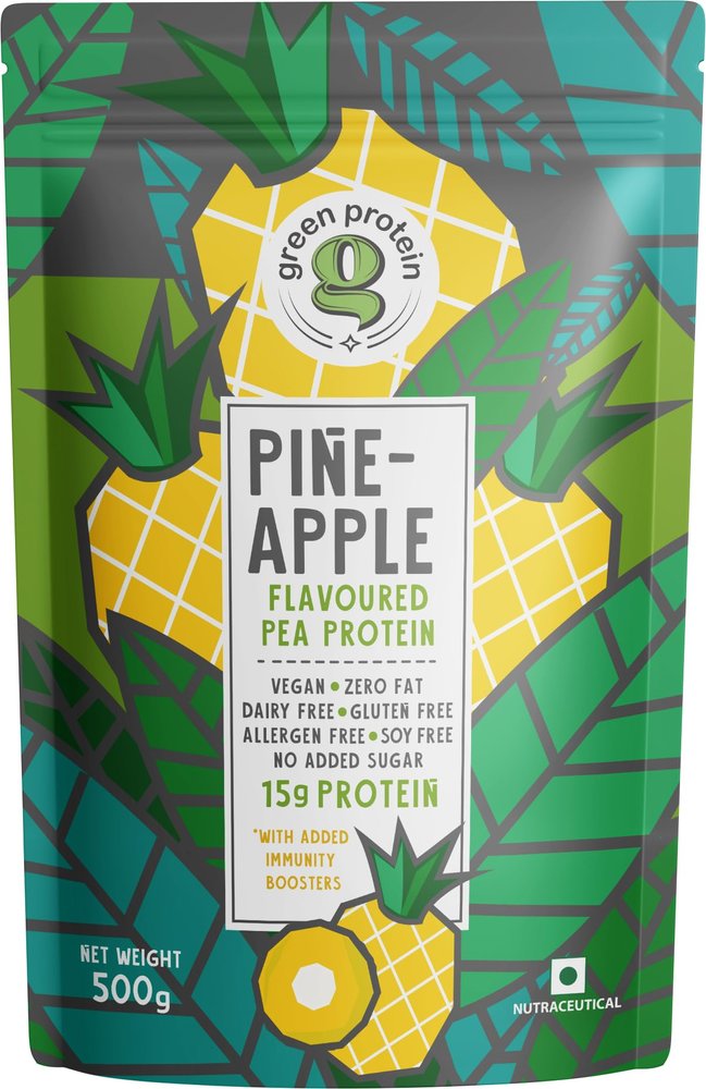 GREEN PROTEIN Pea Protein Isolate Powder, Vegan Plant Protein, No Added Sugar, 100% Vegan, Soy Free, Dairy Free, Gluten Free, Allergen Free, Pineapple Flavor, 15g Protein Per Serving, Pouch (500g)