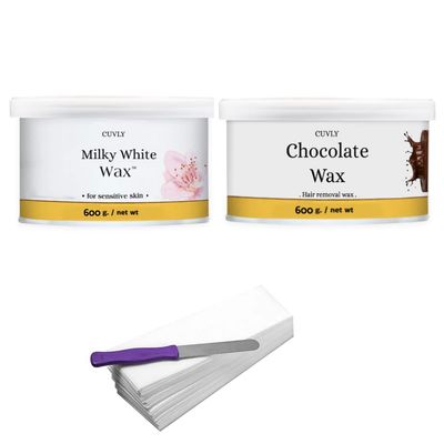 CUVLY Wax Waxing Hair Removal Hot Wax Kit,White Chocolate 600g + Chocolate Wax 600g + strip 70pcs + knife Wax Combo Kit (Pack of 4)
