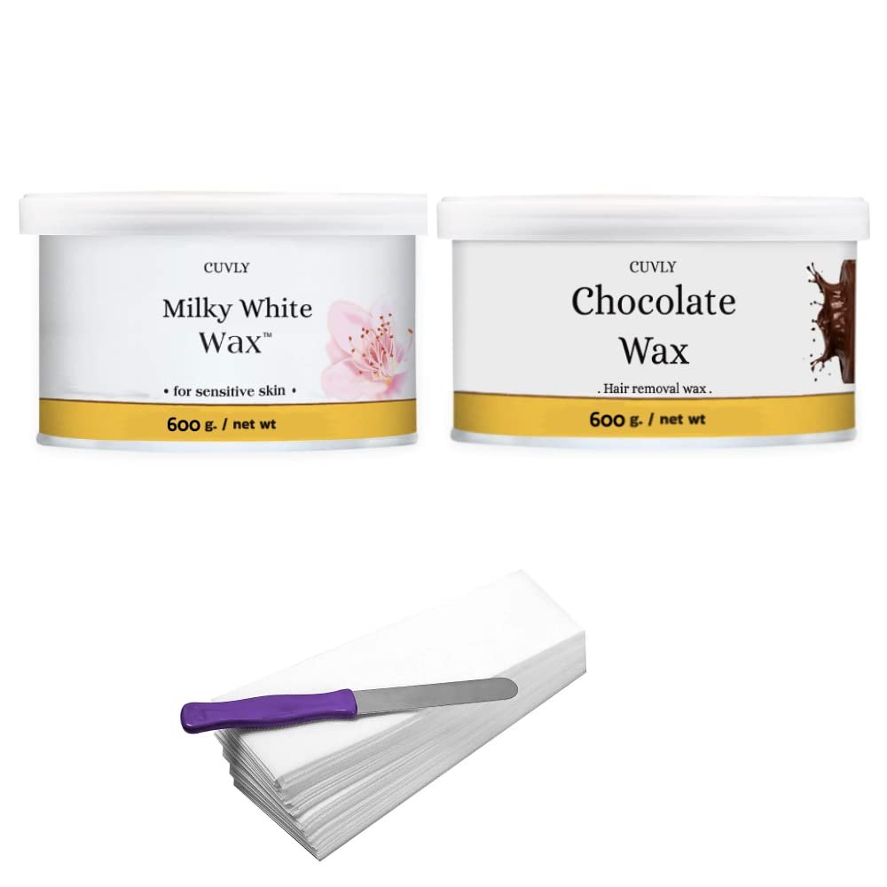 CUVLY Wax Waxing Hair Removal Hot Wax Kit,White Chocolate 600g + Chocolate Wax 600g + strip 70pcs + knife Wax Combo Kit (Pack of 4)
