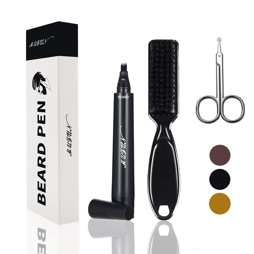 Beard Pencil Filler for Men - Sweat Proof, Water Resistance, Long Lasting & Natural Finish barber Pencil, Enhance Facial Hair, Mustache Repair Shape, Beard Scissors & Beard BrushBLACK