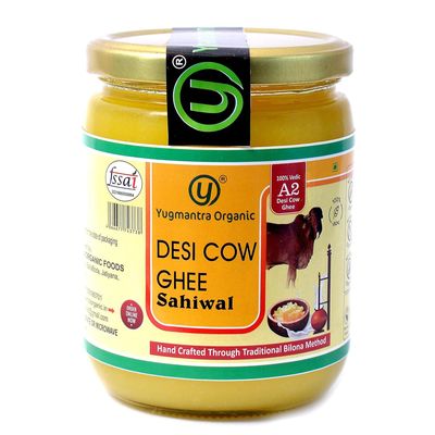 Yugmantra Organic Foods 100% Pure Natural A2 Milk Sahiwal Cow's Grass-Fed Desi Ghee Prepared Curd by Traditional Bilona Padati (Method) Immunity Superfood - in Glass Bottle 500 ml