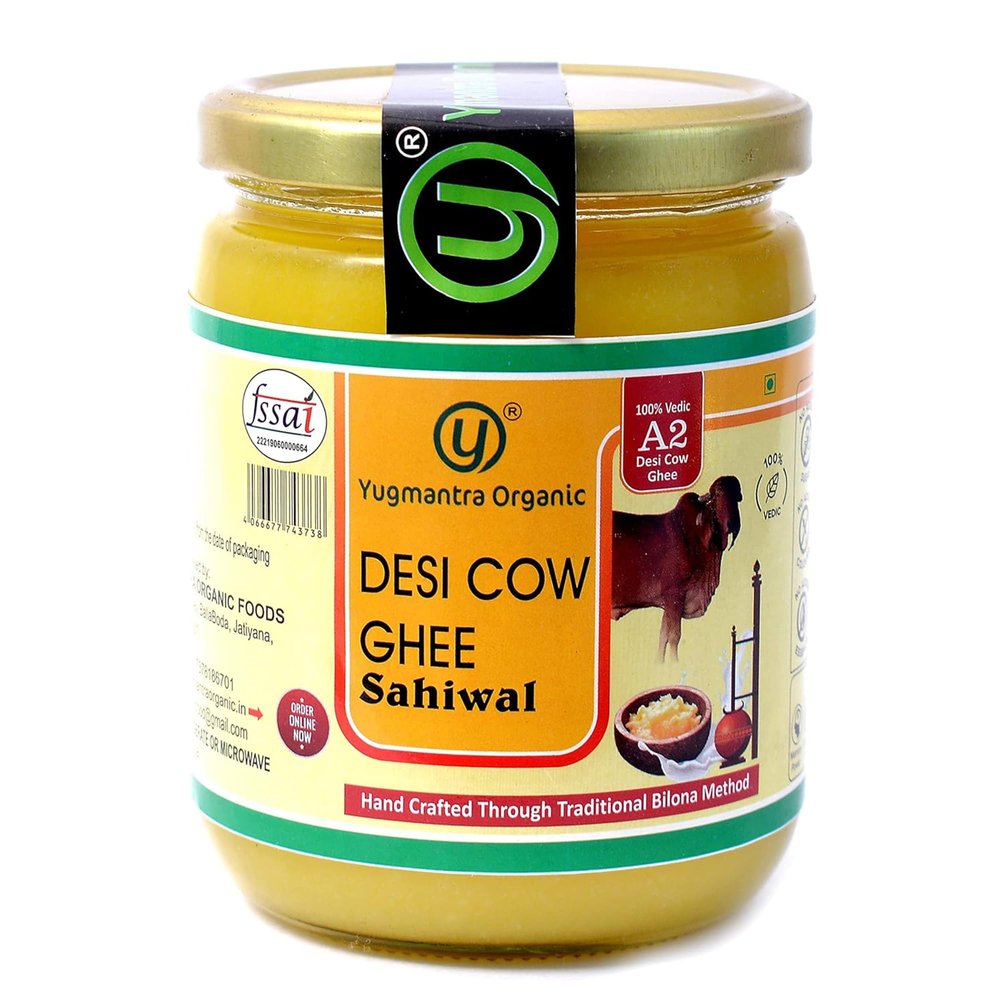 Yugmantra Organic Foods 100% Pure Natural A2 Milk Sahiwal Cow's Grass-Fed Desi Ghee Prepared Curd by Traditional Bilona Padati (Method) Immunity Superfood - in Glass Bottle 500 ml
