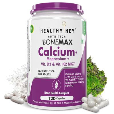 HealthyHey Nutrition Calcium And Vitamin D3 Capsules | Calcium Capsules For Women & Men | Calcium Magnesium Supplements with Vitamin D3 + K2 MK7 - Bone Health & Joint Support (120 Capsules | 100% Veg)