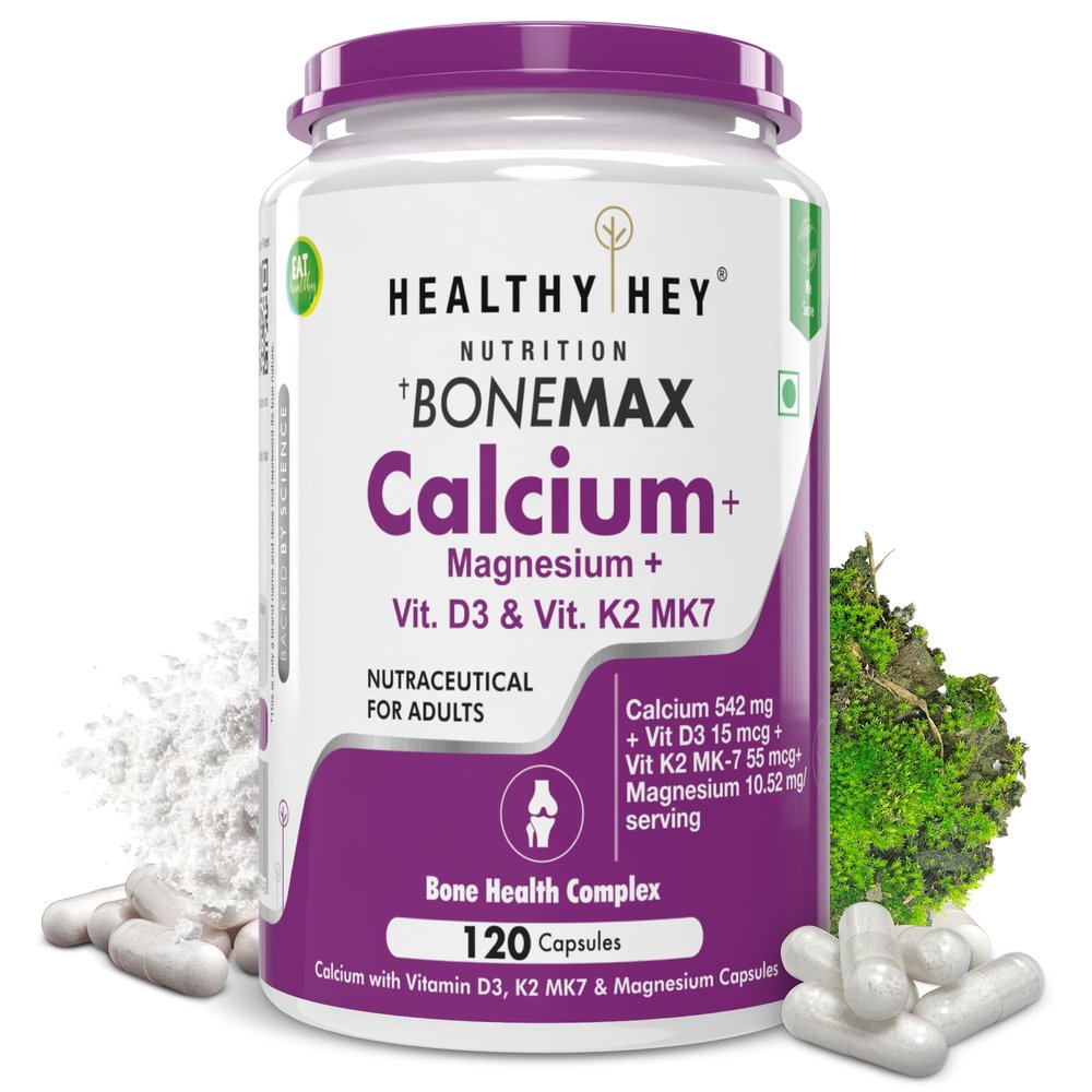 HealthyHey Nutrition Calcium And Vitamin D3 Capsules | Calcium Capsules For Women & Men | Calcium Magnesium Supplements with Vitamin D3 + K2 MK7 - Bone Health & Joint Support (120 Capsules | 100% Veg)