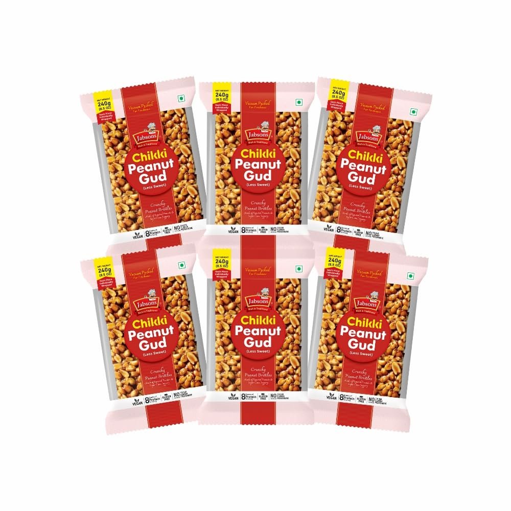 Jabsons Peanut Gud Chikki 240g (Pack of 6) | Traditional Indian Sweet with Peanuts & Jaggery | Protein-Rich Snack | Peanut Gud Chikki