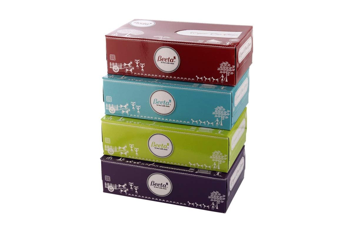 Beeta Tissue Box Facial Tissue for Home and Business Exq. Face Tissue Indian (Pack of 4)-Prime Soft and Highly Absorbent 100% Natural Cellulose Fiber