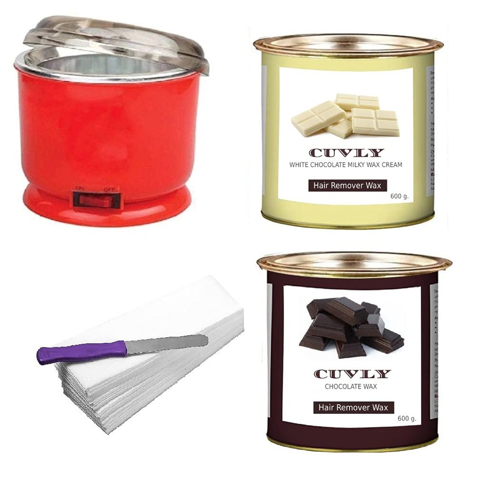 CUVLY Waxing Kit Combo Wax Machine for women (Wax Heater + Chocolate Wax (600 gm) + White Chocolate Wax (600 gm) + Wax Strips (70) + Wax Spatula Knife) WAX HEATER MACHINE pack of 1