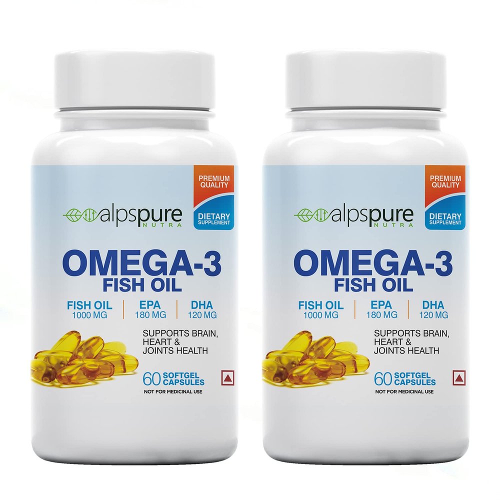 Alpspure Nutra Omega 3 Fish Oil 1000 Mg Fatty Acid Capsules | 180Mg EPA & 120Mg DHA | (60 Softgels Each) | Supports Healthy Heart, Joints, Skin, Brain & Eyes | For Men & Women pack of-2