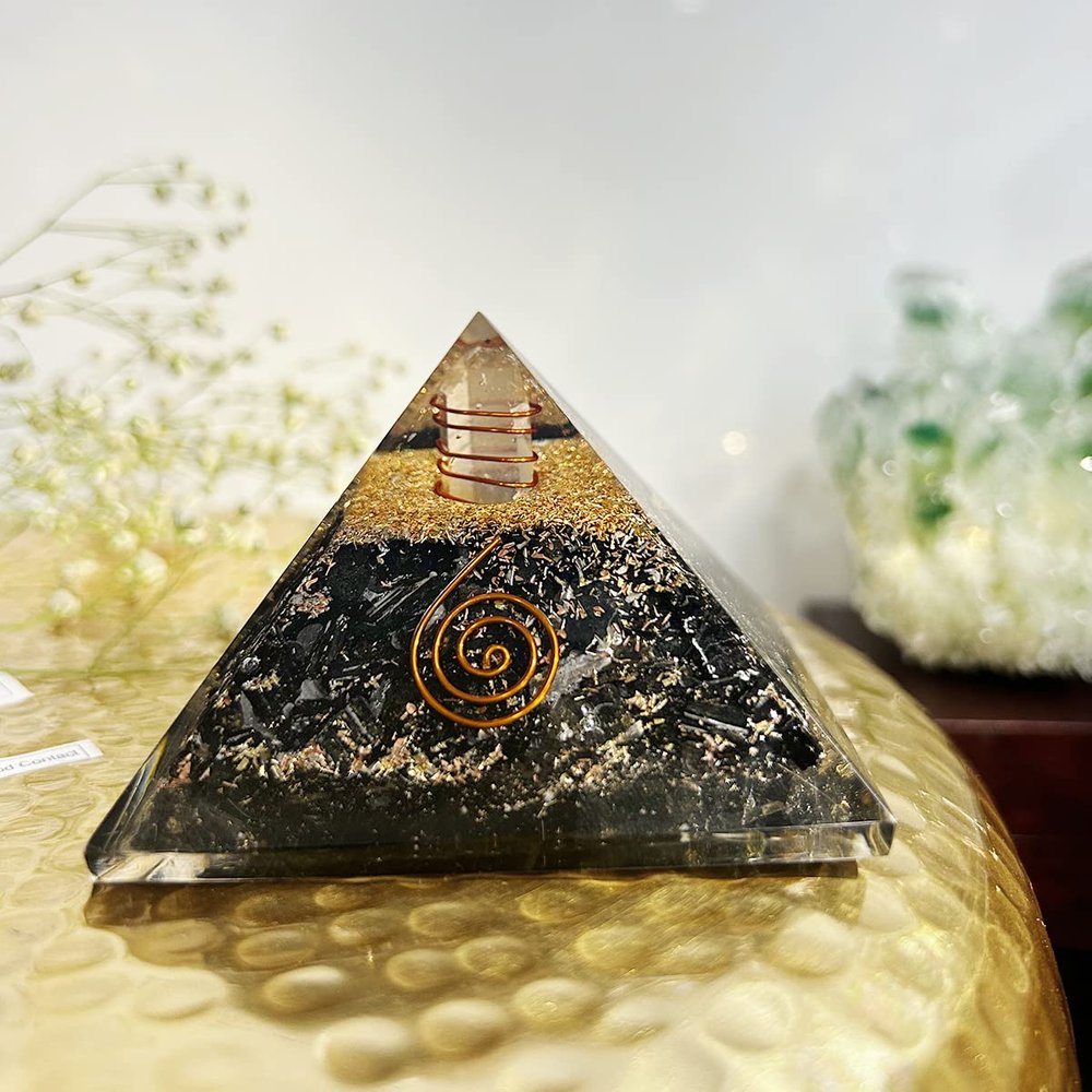 9Dzine Energy Generator Crystal Black Tourmaline Orgone Pyramid for EMF Protection Black Tourmaline Raw Chips Orgone Pyramid for Vastu Correction Aura Cleansing Stress Relives