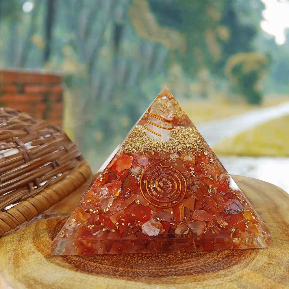 9Dzine Energy Generator Crystal Red Carnelian Orgone Pyramid for EMF Protection Red Carnelian Raw Chips Orgone Pyramid for Vastu Correction Aura Cleansing Stress Relives