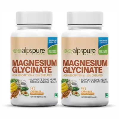 Alpspure Nutra Magnesium Glycinate | Pack Of 2 (90 Capsules Each) | High Absorption & Chelated Form | Better Sleep Quality | Improves Muscle & Nerve Function | Magnesium Supplement