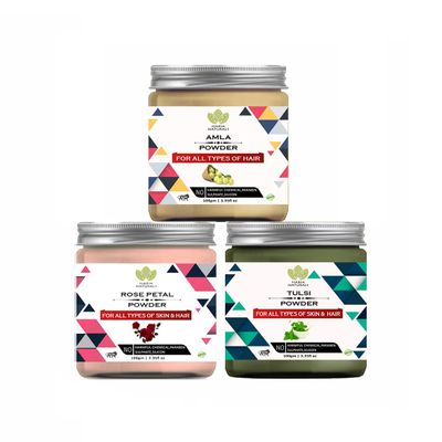 Haria Naturals 100% Pure & Naturals Amla Powder 100gm & Rose Petal Powder 100gm & Tulsi Powder 100gm (Pack Of 3) 300GM