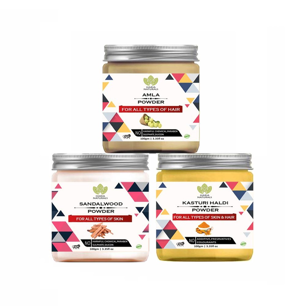 Haria Naturals 100% Pure & Naturals Amla & Sandalwood & Kasturi Haldi Powder(Pack Of 3) 300GM