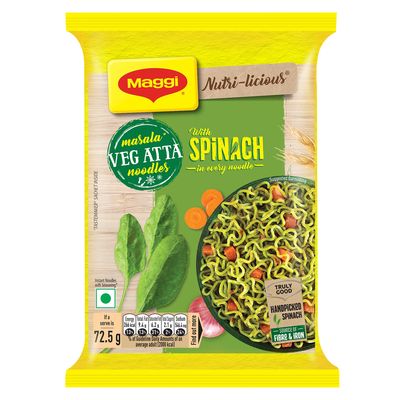 Maggi Nutri-Licious Masala Veg Atta Noodles with Spinach in Every Noodle, 72.5g, Packet